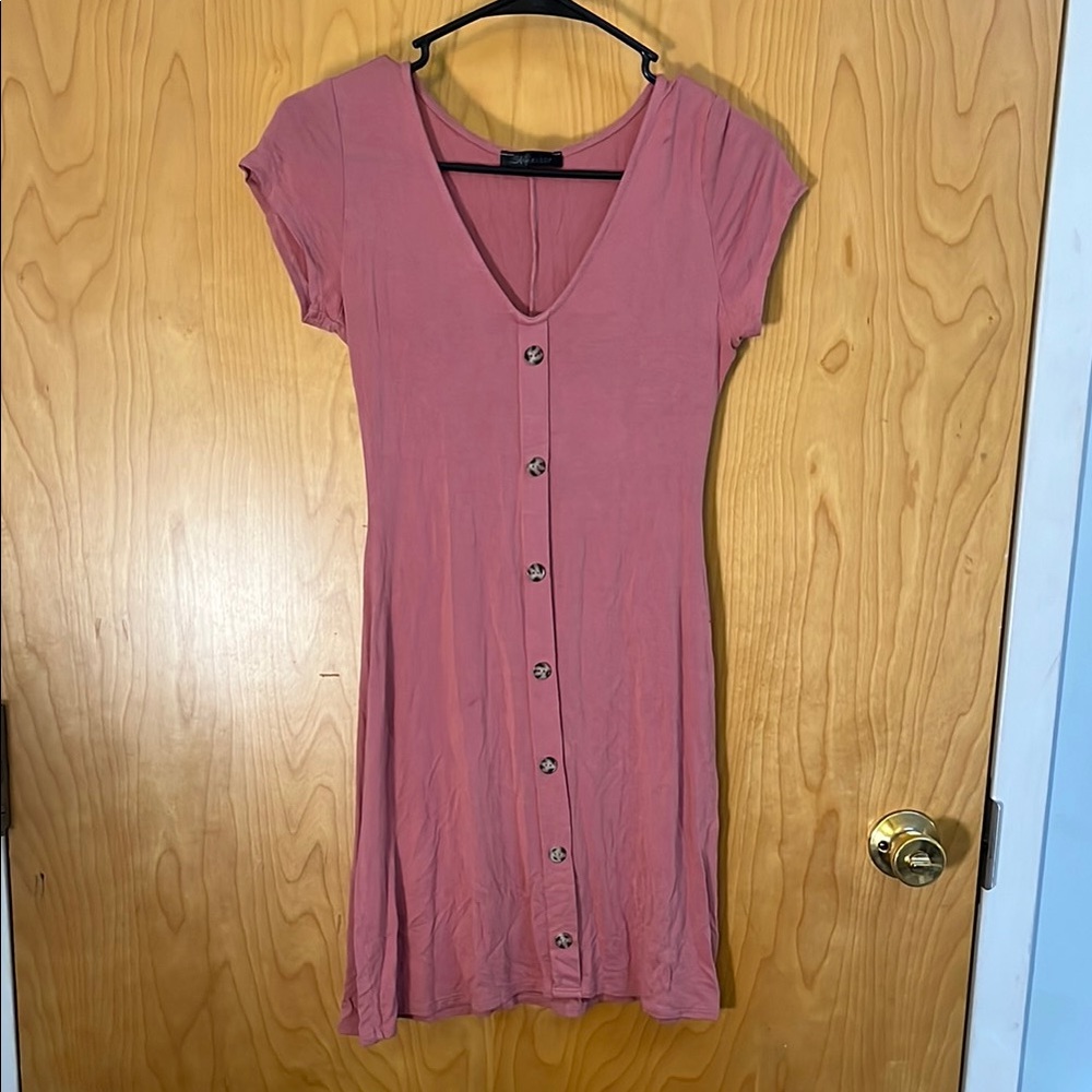 Shinestar Pink Buttoned Sheath Mini Dress V-Neck Short Sleeve